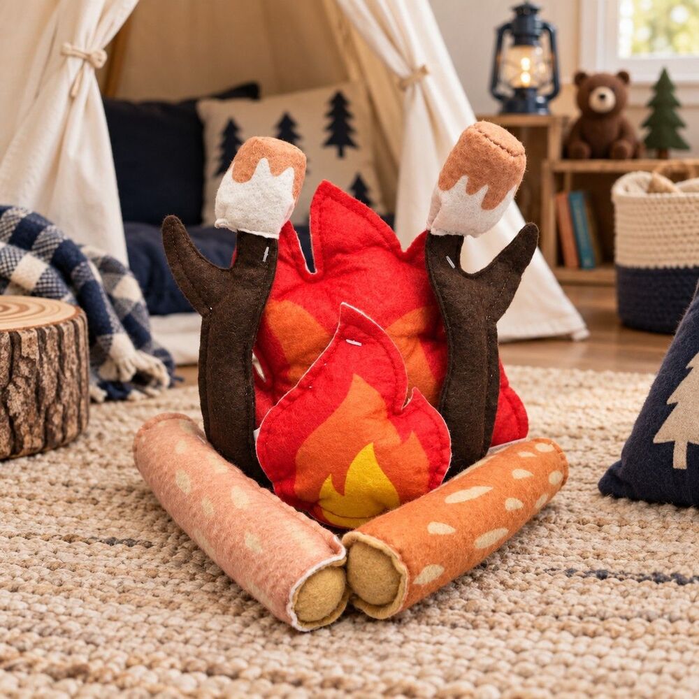 Felt Campfire Pretend Play Set Logs Marshmallow Roasting Sticks Pretend Play NWT